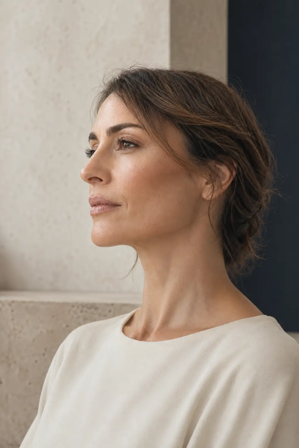 Perfil feminino maduro com linha mandibular natural