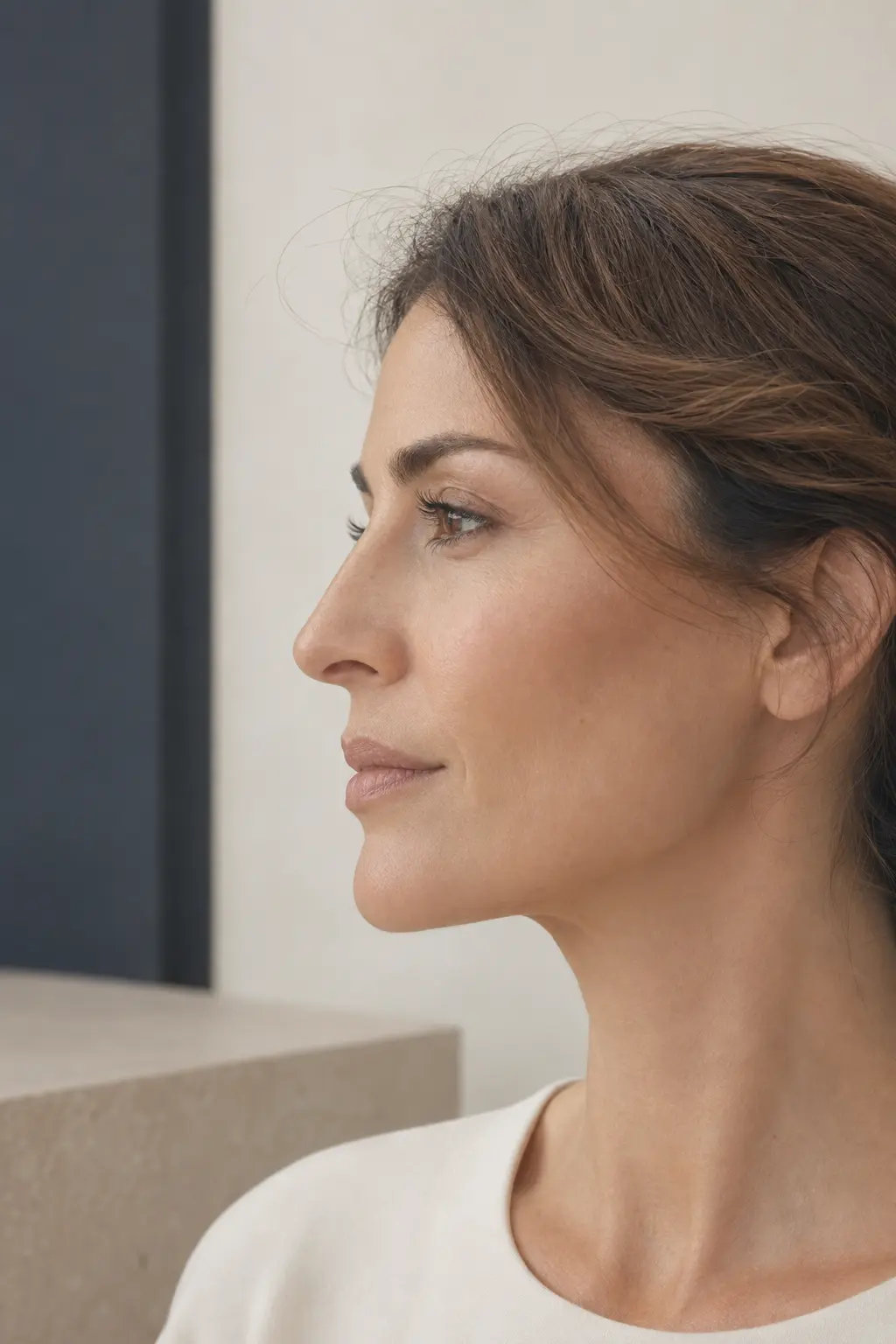 Perfil natural de mulher madura em luz suave